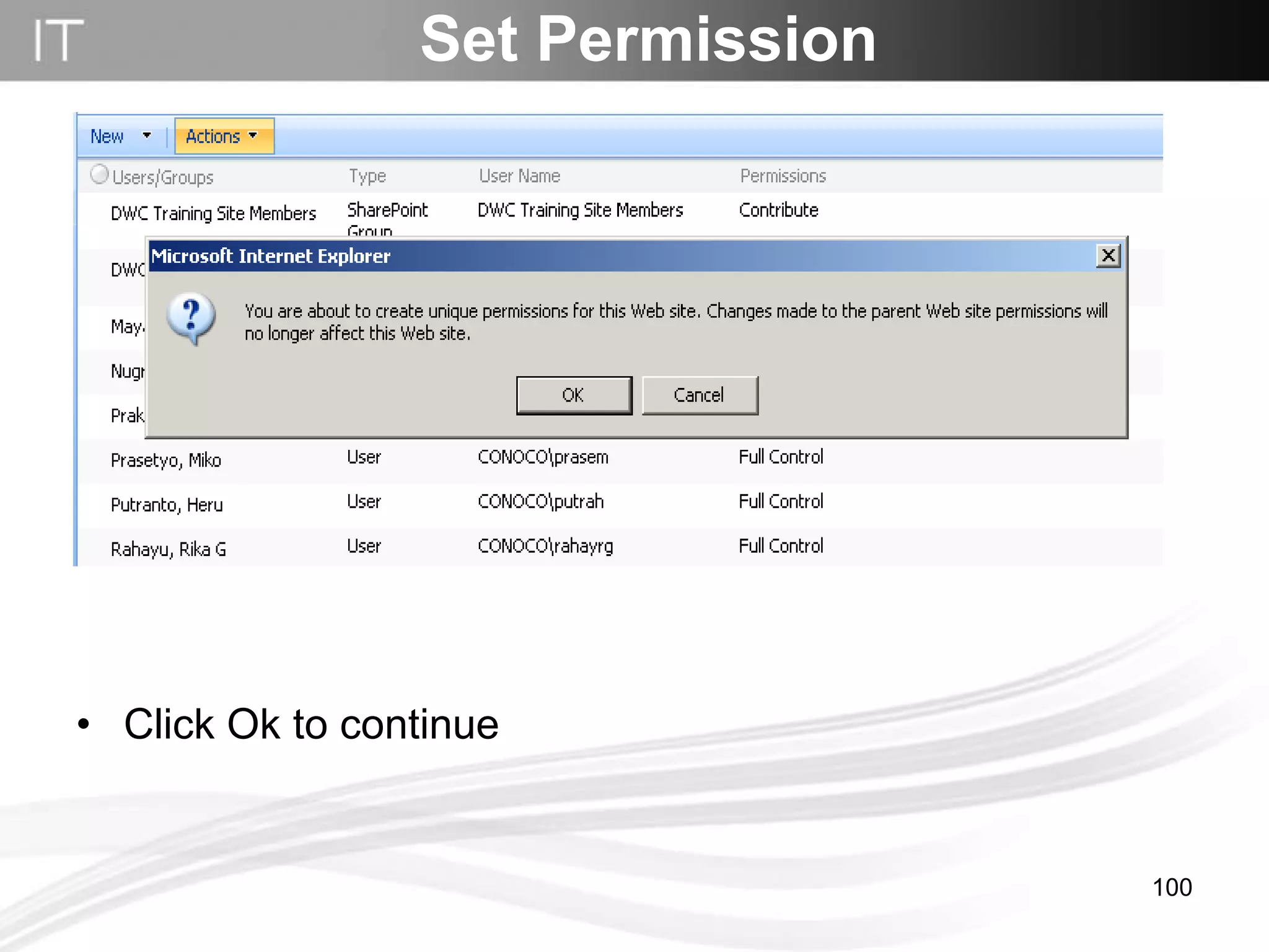 Click Ok to continue Set Permission 