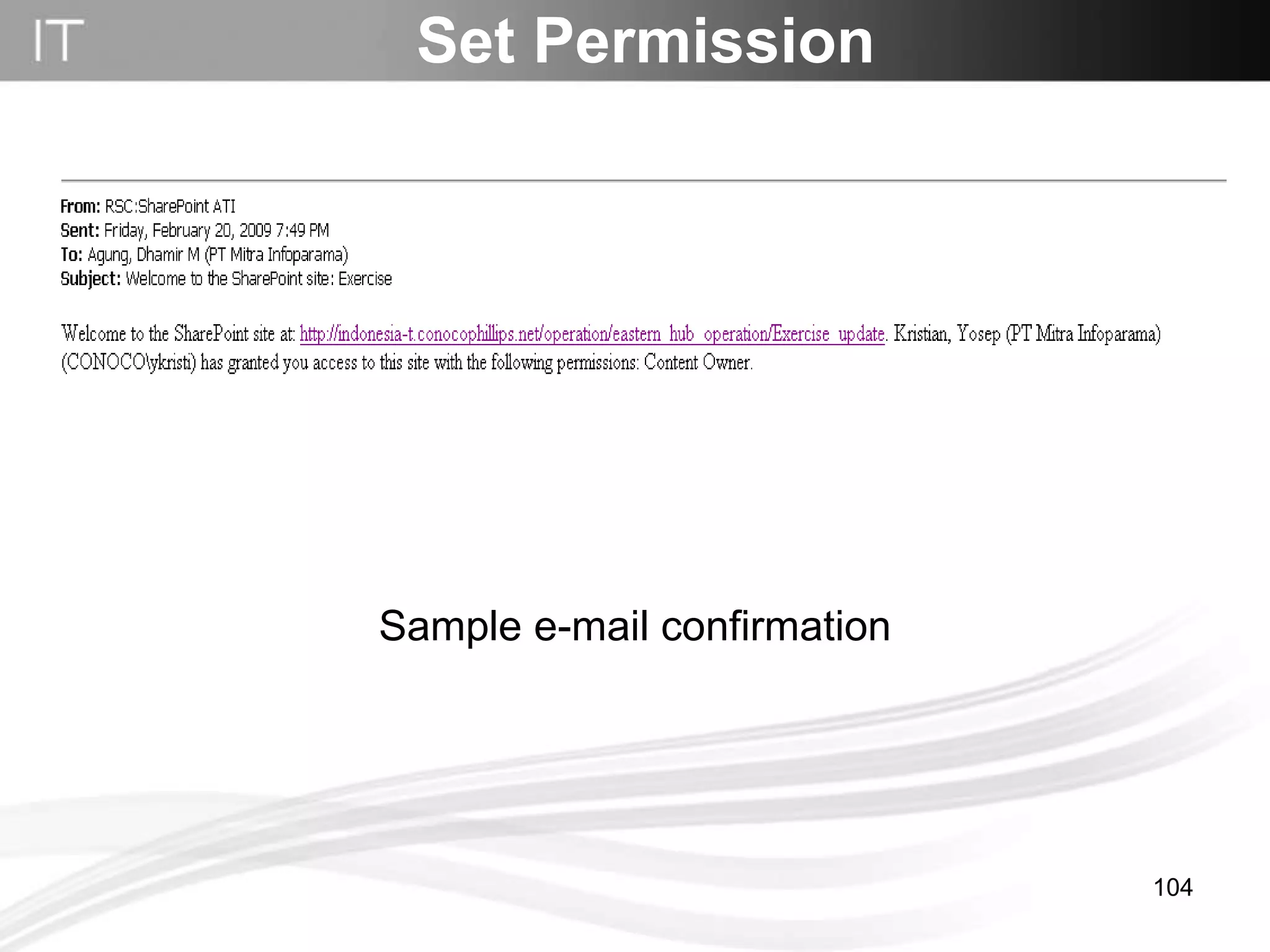Set Permission Sample e-mail confirmation 