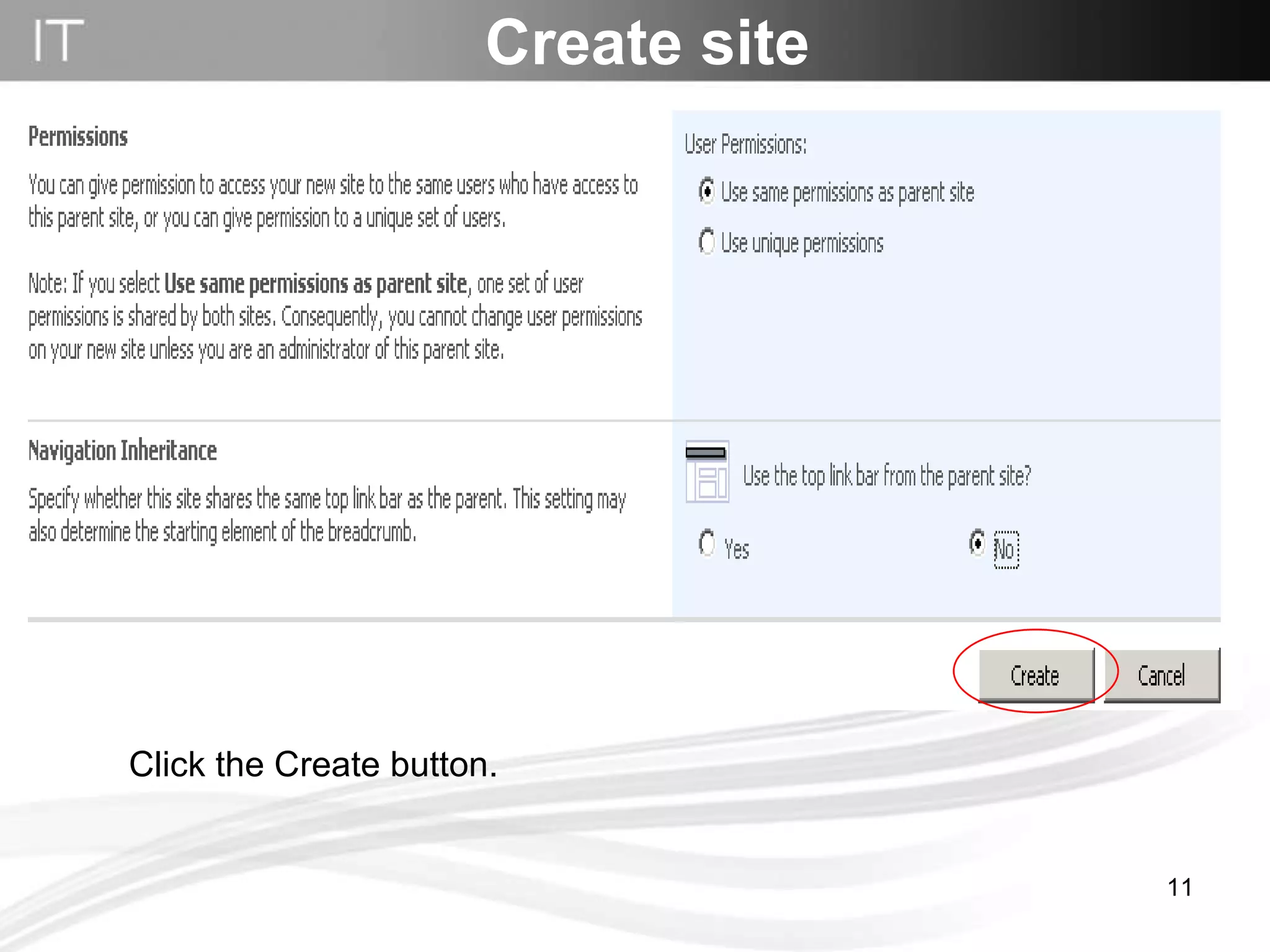 Create site Click the Create button. 