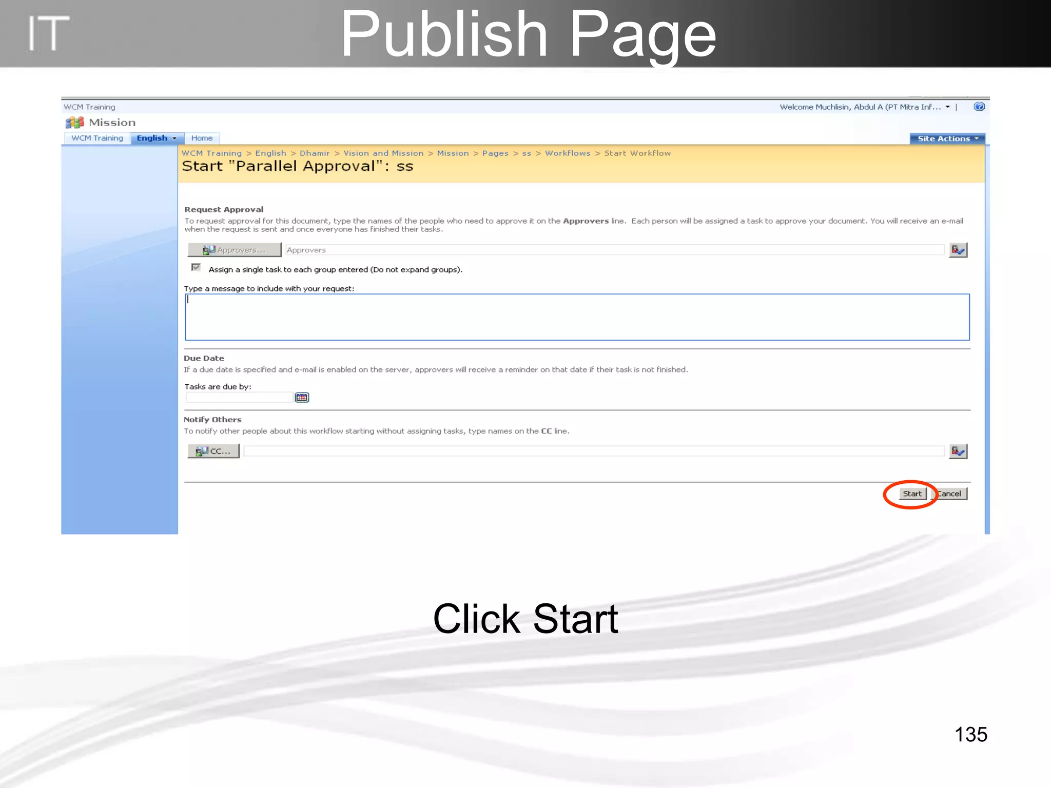 Publish Page Click Start 
