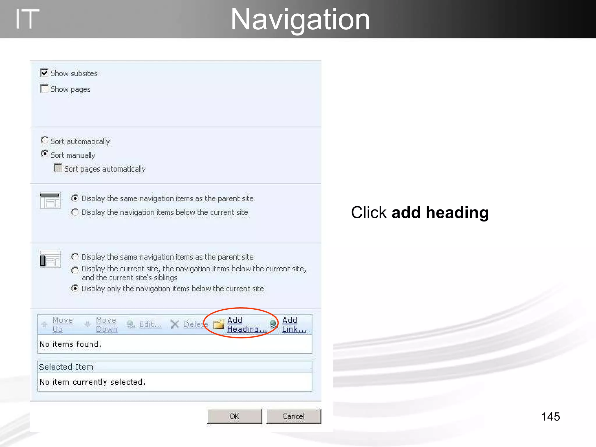 Click  add heading Navigation   