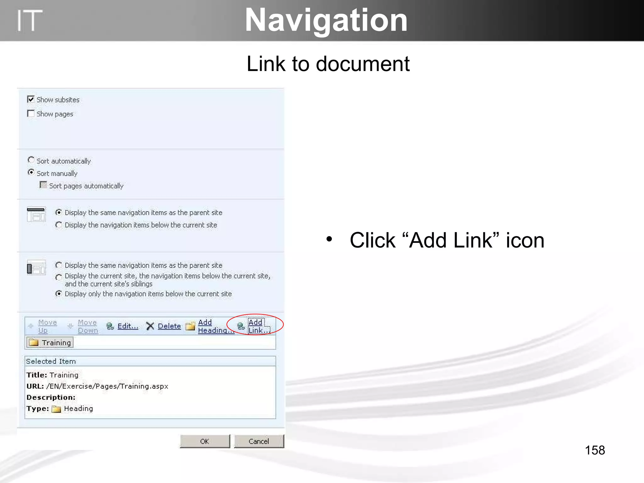Link to document Navigation Click “Add Link” icon 