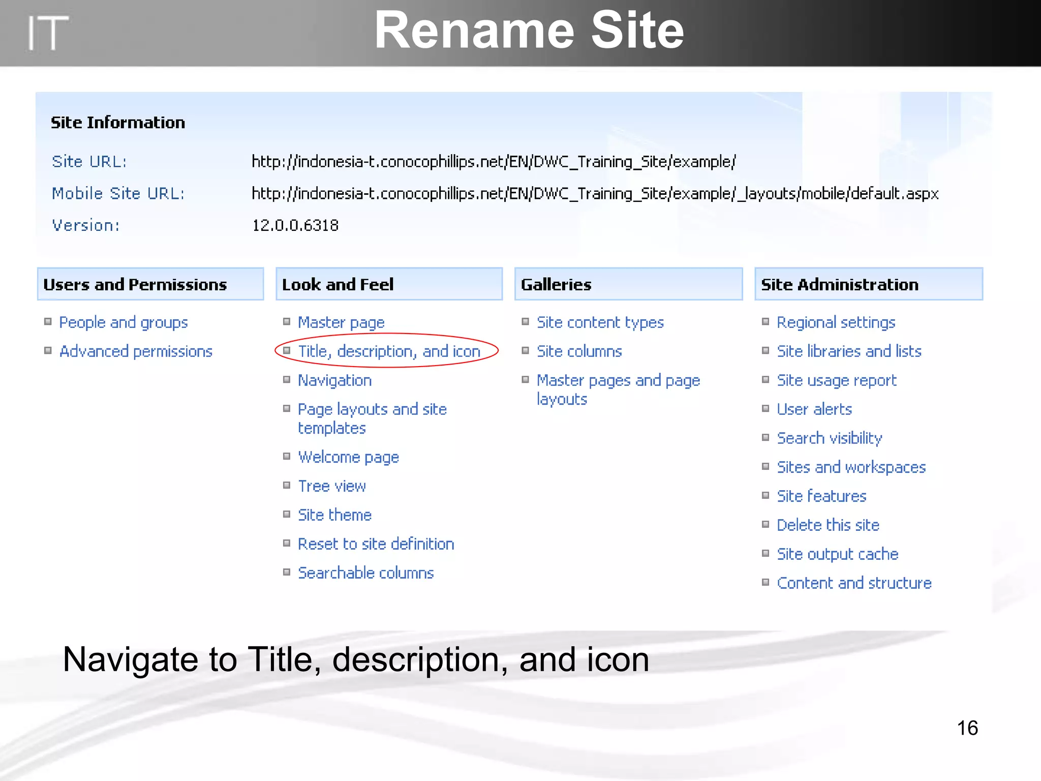 Navigate to Title, description, and icon Rename Site 