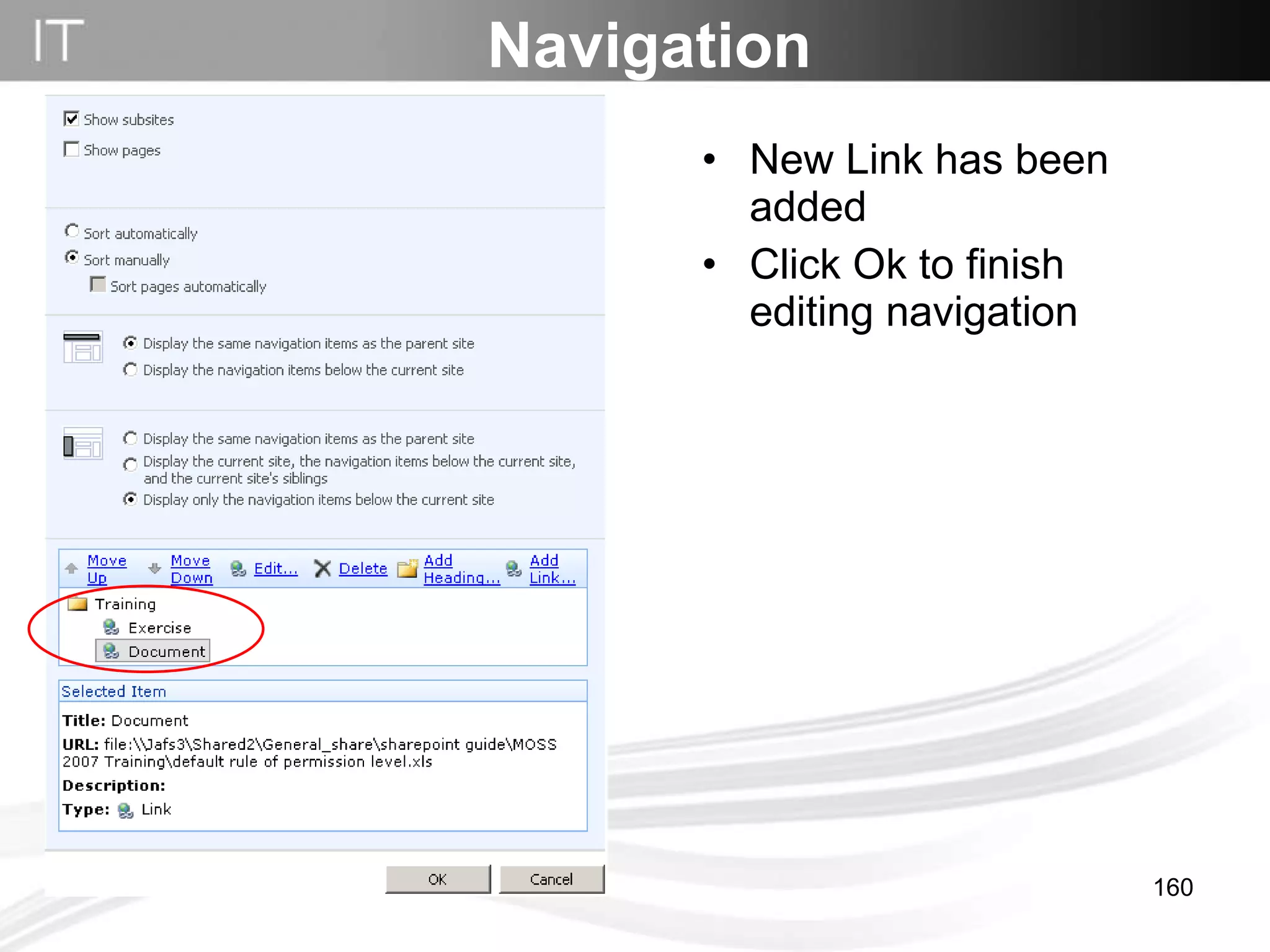 New Link has been added Click Ok to finish editing navigation Navigation 