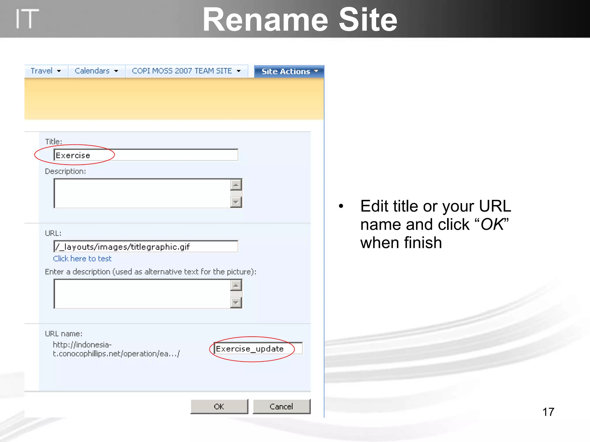 Rename Site Edit title or your URL name and click “ OK ” when finish 