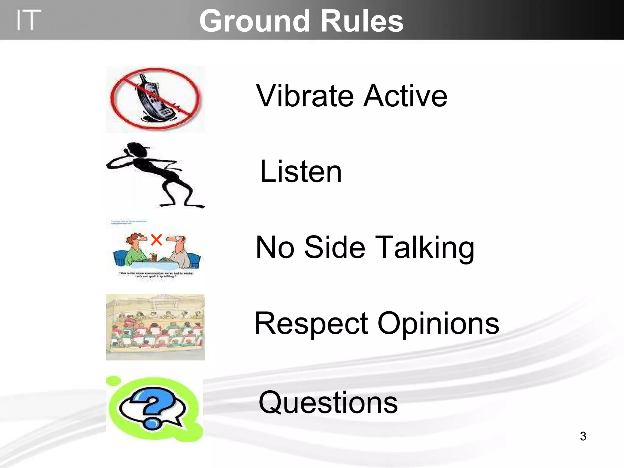 Ground Rules Vibrate Active Listen Respect Opinions Questions No Side Talking 