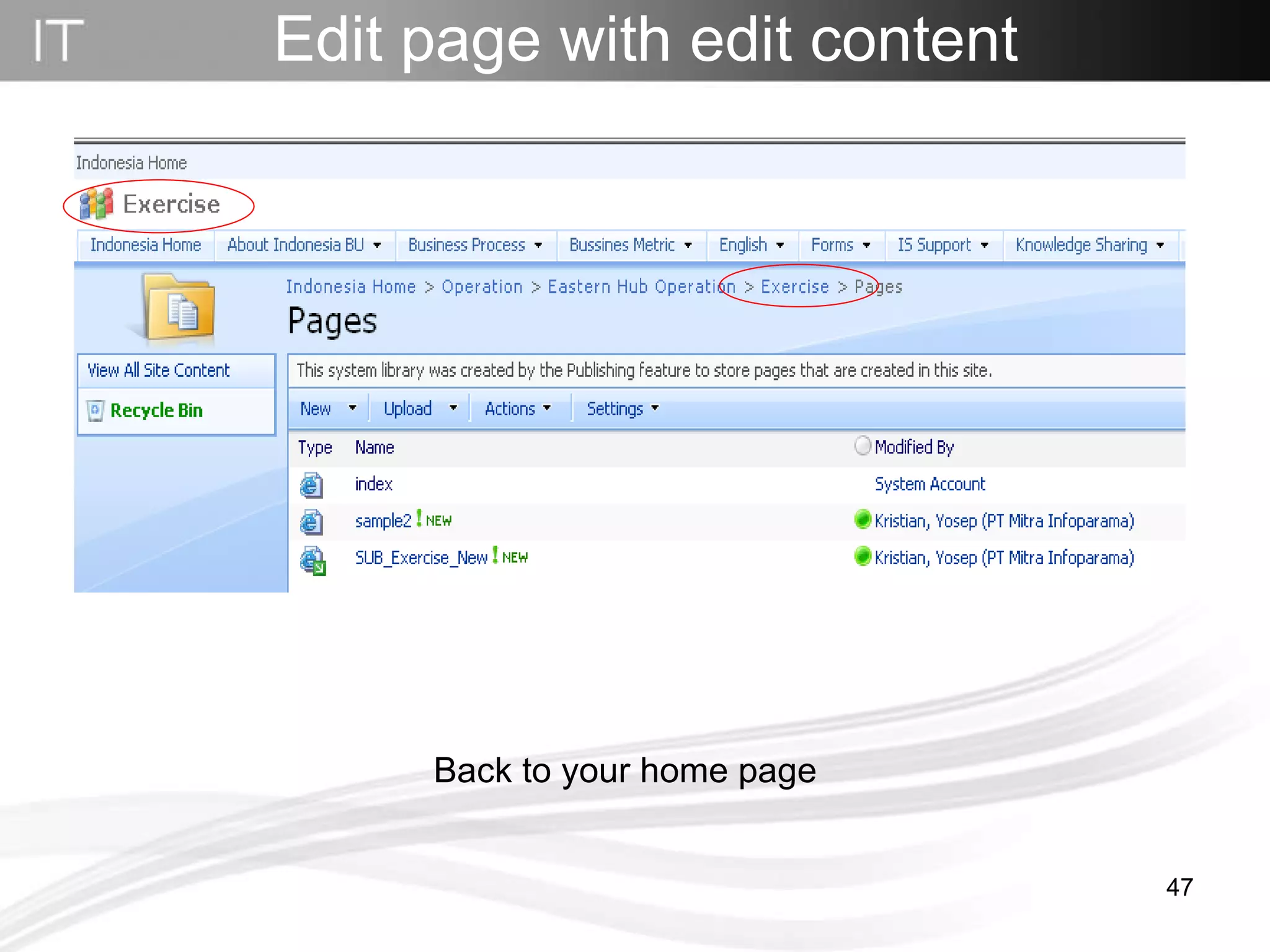 Edit page with edit content Back to your home page  