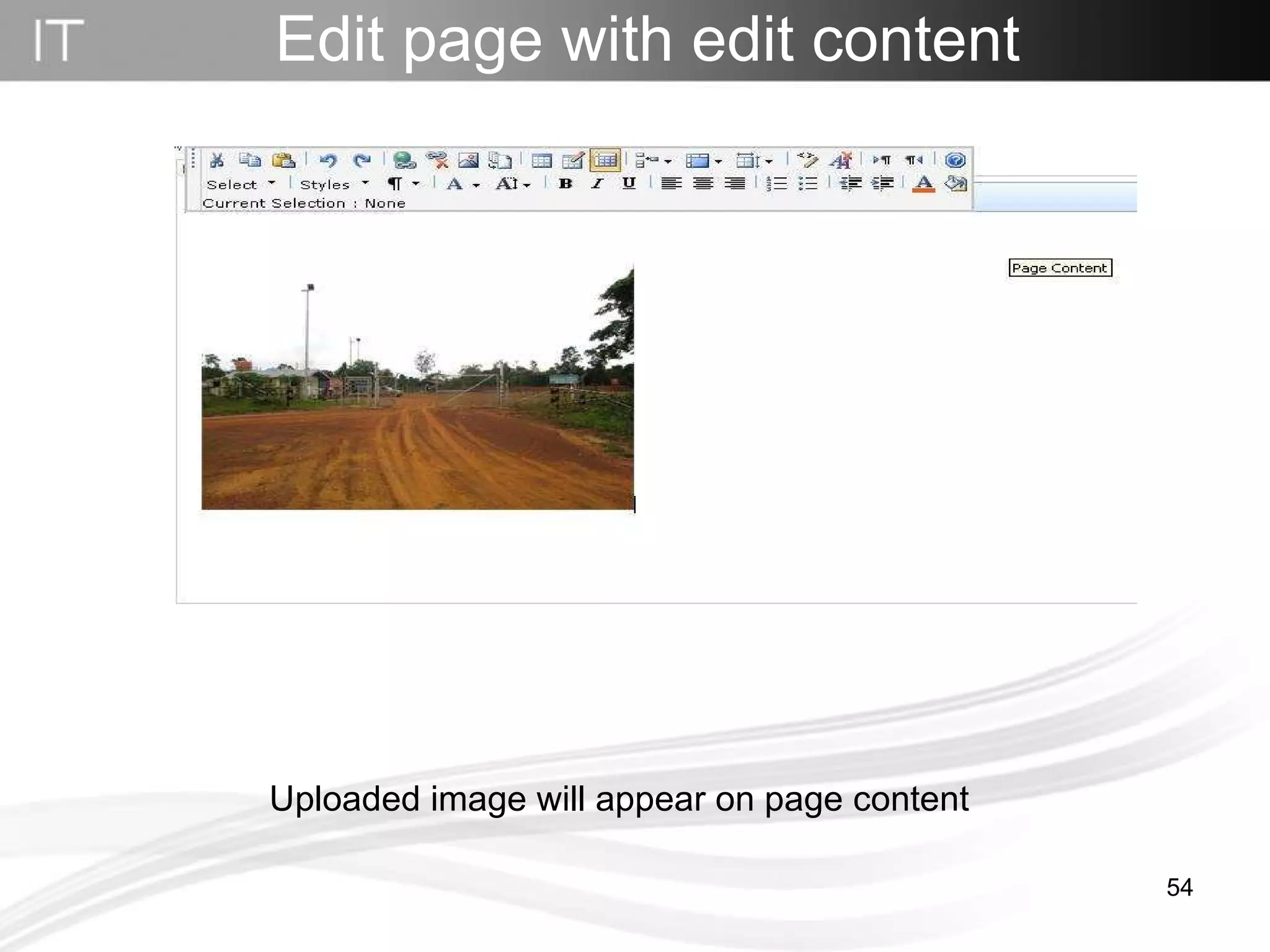 Uploaded image will appear on page content Edit page with edit content 