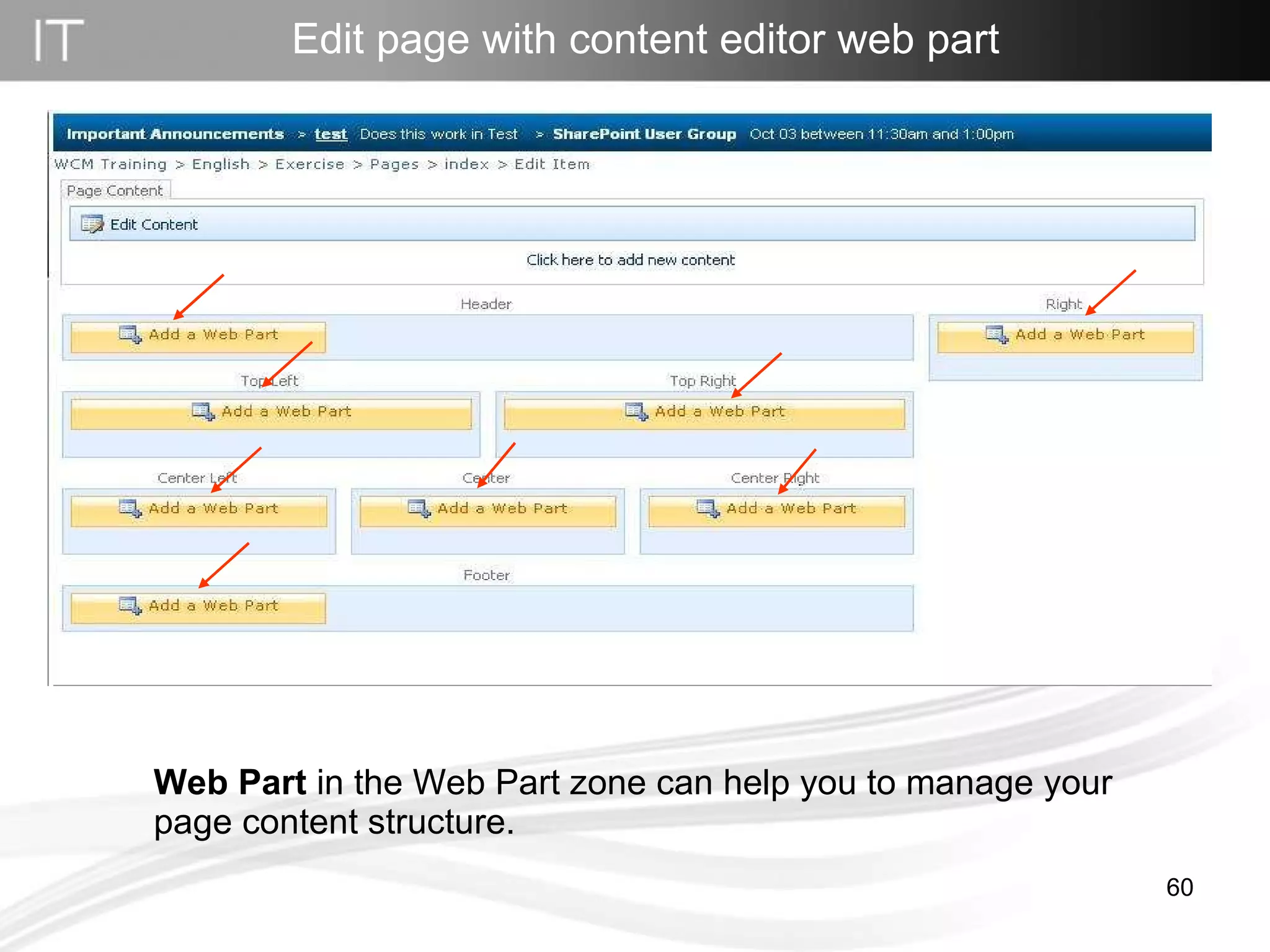 Web Part  in the Web Part zone can help you to manage your page content structure.  Edit page with content editor web part 
