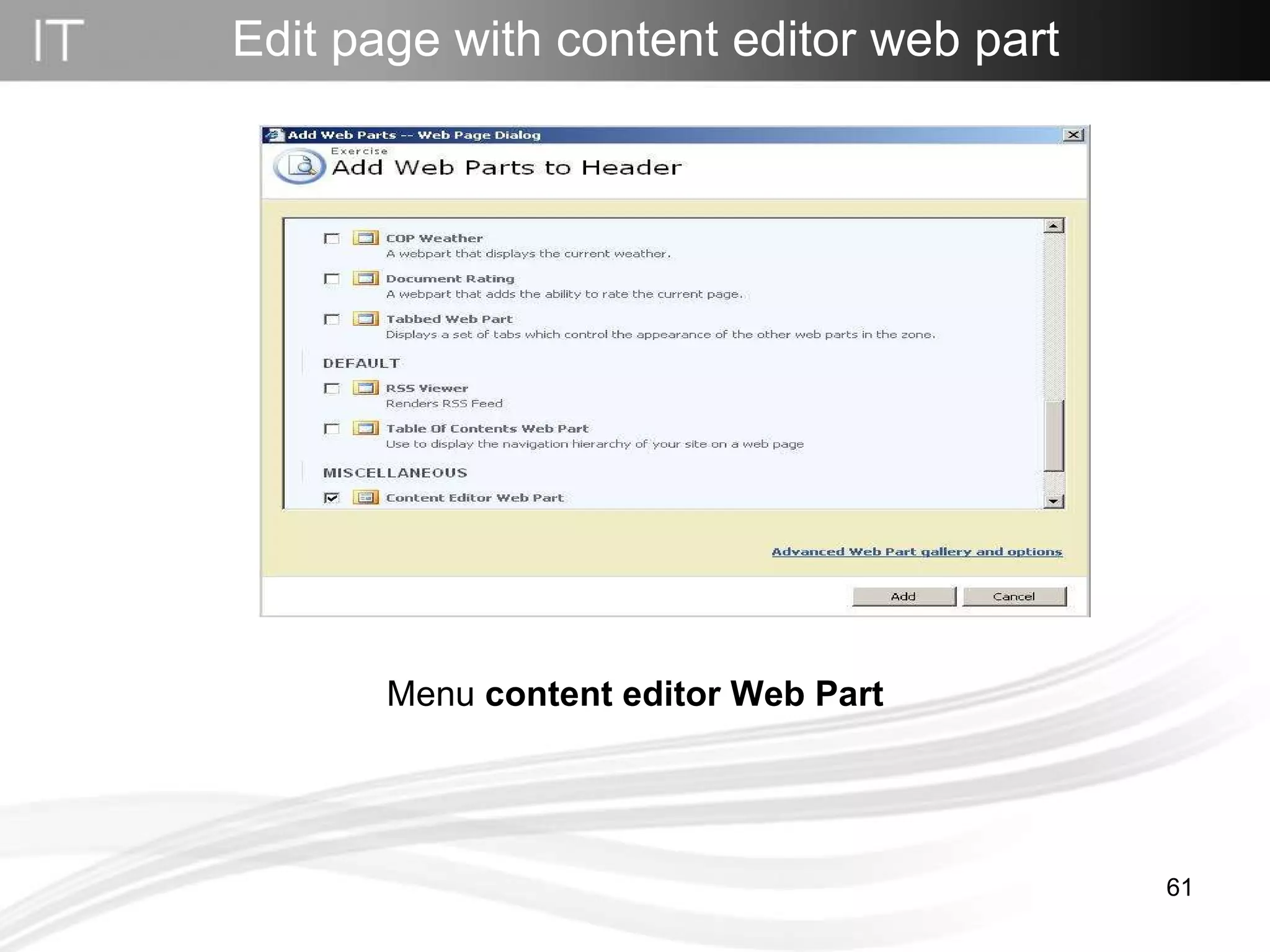 Menu  content editor Web Part Edit page with content editor web part 