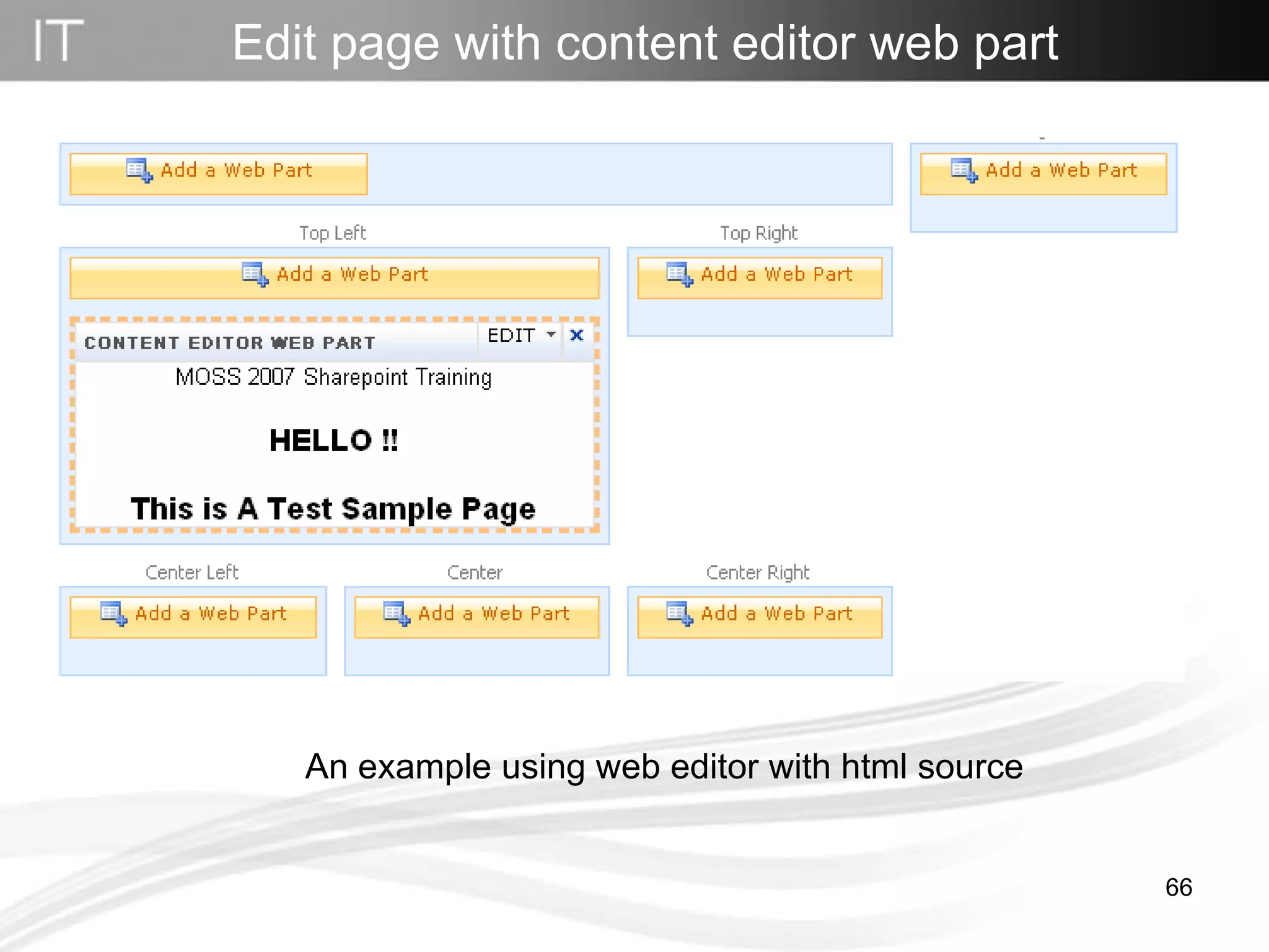 Edit page with content editor web part An example using web editor with html source 