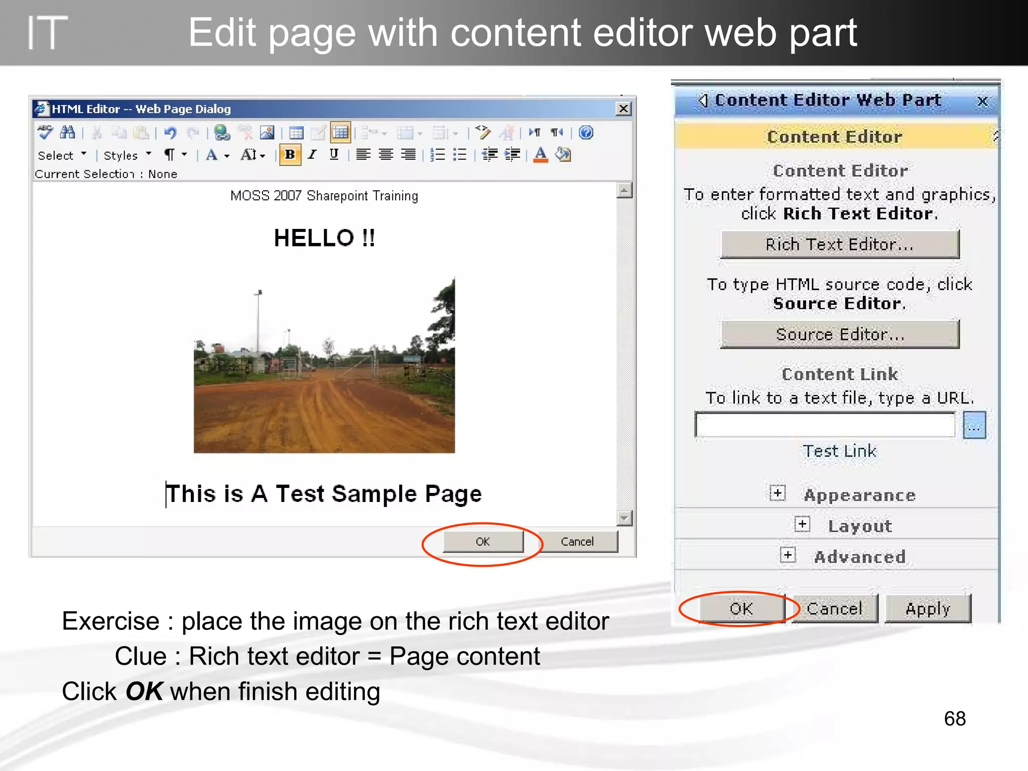 Edit page with content editor web part Exercise : place the image on the rich text editor   Clue : Rich text editor = Page content Click  OK  when finish editing 