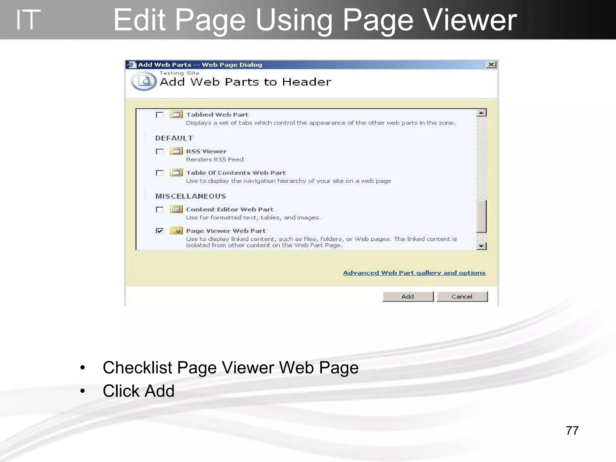 Edit Page Using Page Viewer Checklist Page Viewer Web Page Click Add 