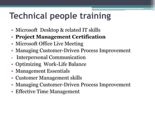 Technical people training
• Microsoft Desktop & related IT skills
• Project Management Certification
• Microsoft Office Live Meeting
• Managing Customer-Driven Process Improvement
• Interpersonal Communication
• Optimizing Work-Life Balance
• Management Essentials
• Customer Management skills
• Managing Customer-Driven Process Improvement
• Effective Time Management
 