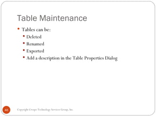 Table Maintenance <ul><li>Tables can be: </li></ul><ul><ul><li>Deleted </li></ul></ul><ul><ul><li>Renamed </li></ul></ul><...