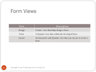 Form Views Copyright Crespo Technology Services Group, Inc. View Description Design A static  view that helps design a for...