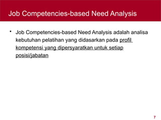 7
• Job Competencies-based Need Analysis adalah analisa
kebutuhan pelatihan yang didasarkan pada profil
kompetensi yang dipersyaratkan untuk setiap
posisi/jabatan
Job Competencies-based Need Analysis
 