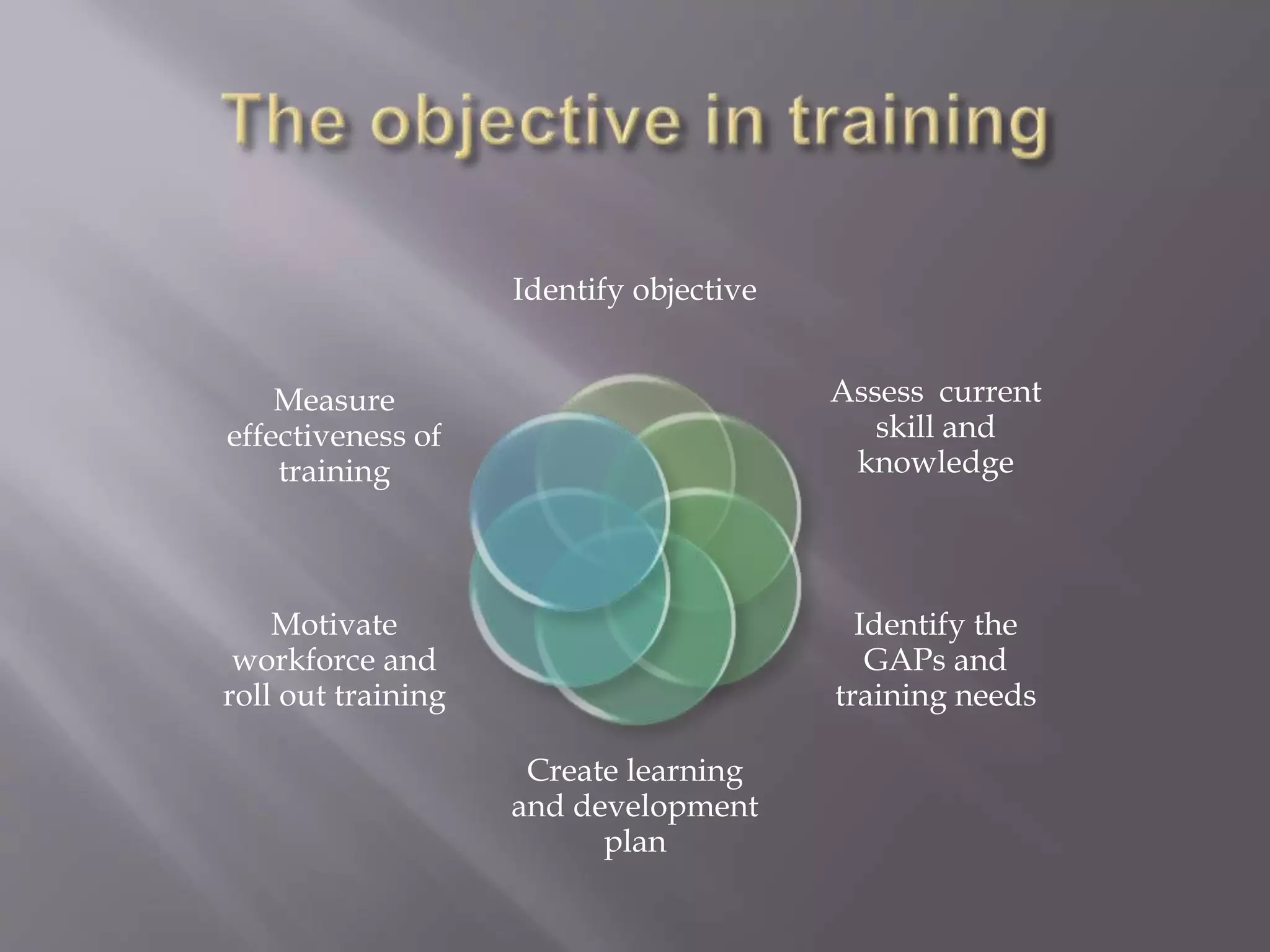 Identify objective
Assess current
skill and
knowledge
Identify the
GAPs and
training needs
Create learning
and development
plan
Motivate
workforce and
roll out training
Measure
effectiveness of
training