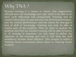 Because training is a means to ensure that organization
officials have the knowledge and right skills to be able to do
their work effectively and competently. Training may be
needed when there is a gap between the desired performance,
and the current performance, and the reason for that gap is
lack of skill or knowledge. Training may only be able to
resolve part of the problem. Thus we need to analyze the
problem and find out whether training will be able to resolve
it. If training is necessary, we also need to define the
objective of the training and how it will help the staff
member(s) become more effective. This process is called a
Training Needs Assessment shown above or Training Needs
Analysis.
 