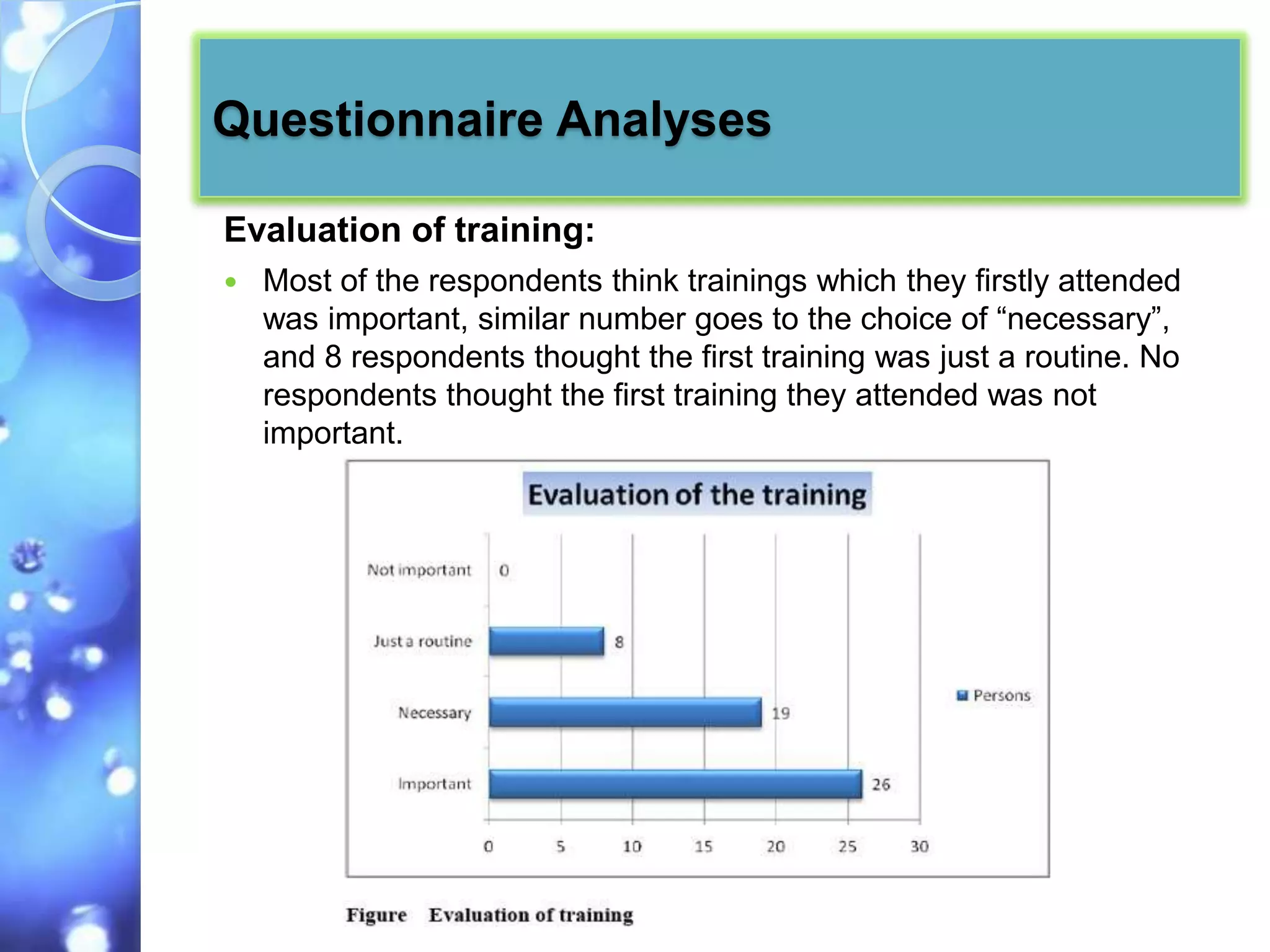 Questionnaire Analyses

Evaluation of training:
   Most of the respondents think trainings which they firstly attended
    was important, similar number goes to the choice of “necessary”,
    and 8 respondents thought the first training was just a routine. No
    respondents thought the first training they attended was not
    important.
 