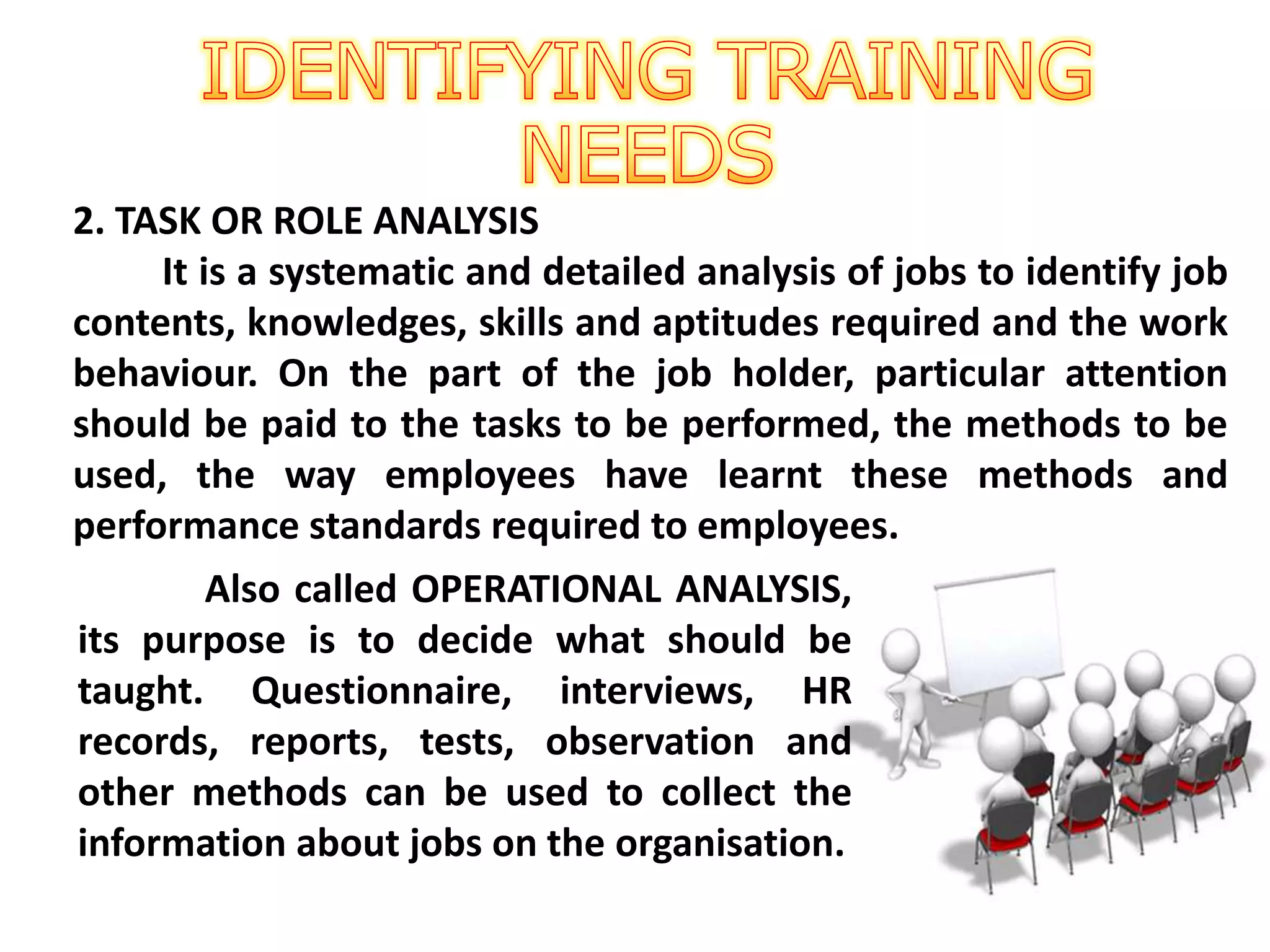 2. TASK OR ROLE ANALYSIS
It is a systematic and detailed analysis of jobs to identify job
contents, knowledges, skills and aptitudes required and the work
behaviour. On the part of the job holder, particular attention
should be paid to the tasks to be performed, the methods to be
used, the way employees have learnt these methods and
performance standards required to employees.
Also called OPERATIONAL ANALYSIS,
its purpose is to decide what should be
taught. Questionnaire, interviews, HR
records, reports, tests, observation and
other methods can be used to collect the
information about jobs on the organisation.
 