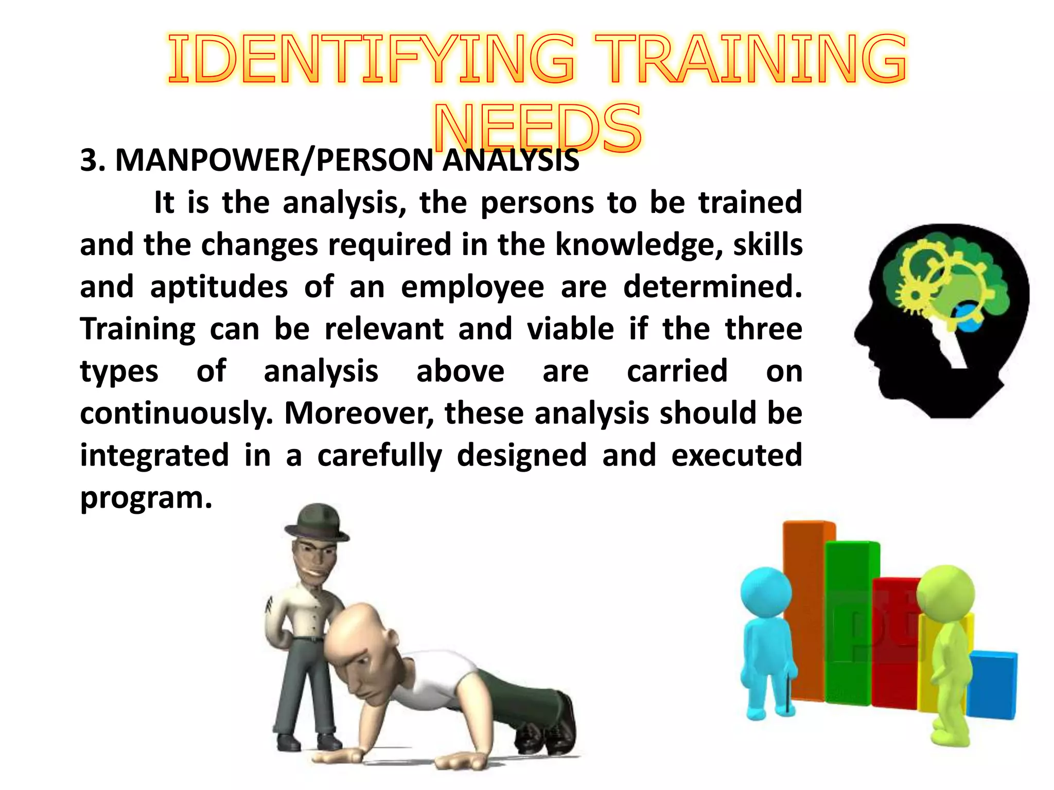 3. MANPOWER/PERSON ANALYSIS
It is the analysis, the persons to be trained
and the changes required in the knowledge, skills
and aptitudes of an employee are determined.
Training can be relevant and viable if the three
types of analysis above are carried on
continuously. Moreover, these analysis should be
integrated in a carefully designed and executed
program.
 
