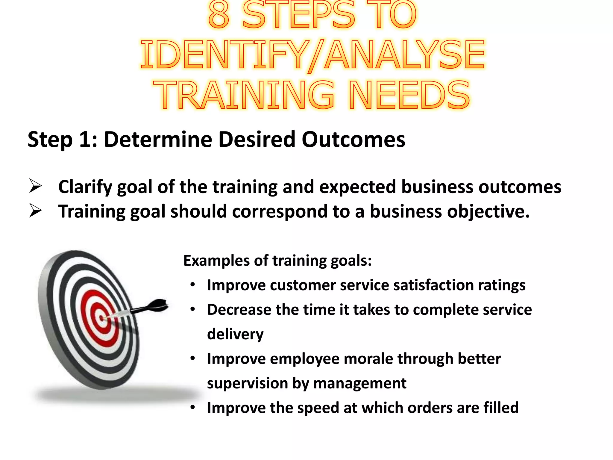 Step 1: Determine Desired Outcomes
 Clarify goal of the training and expected business outcomes
 Training goal should correspond to a business objective.
Examples of training goals:
• Improve customer service satisfaction ratings
• Decrease the time it takes to complete service
delivery
• Improve employee morale through better
supervision by management
• Improve the speed at which orders are filled
 