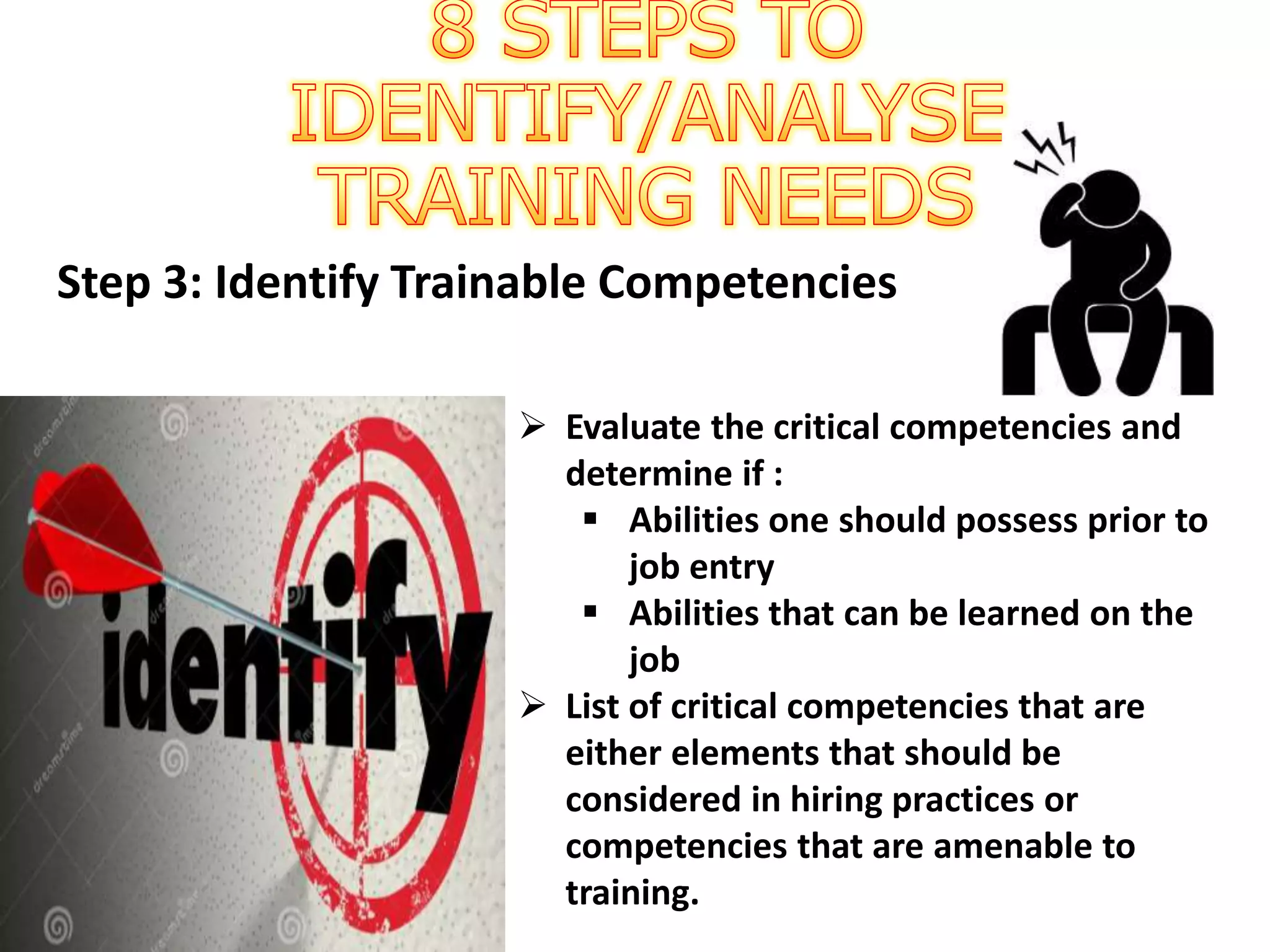 Step 3: Identify Trainable Competencies
 Evaluate the critical competencies and
determine if :
 Abilities one should possess prior to
job entry
 Abilities that can be learned on the
job
 List of critical competencies that are
either elements that should be
considered in hiring practices or
competencies that are amenable to
training.
 