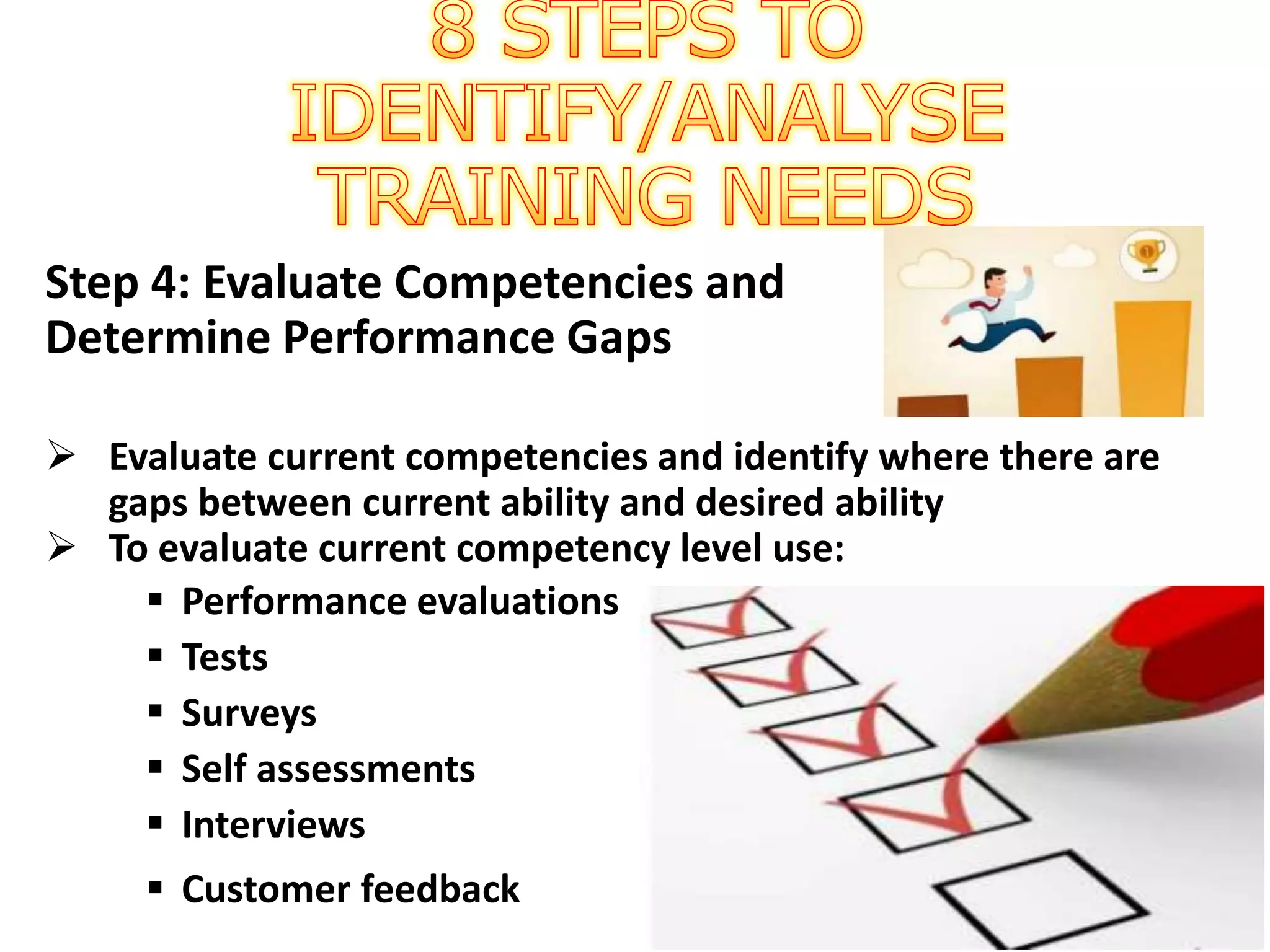 Step 4: Evaluate Competencies and
Determine Performance Gaps
 Evaluate current competencies and identify where there are
gaps between current ability and desired ability
 To evaluate current competency level use:
 Performance evaluations
 Tests
 Surveys
 Self assessments
 Interviews
 Customer feedback
 