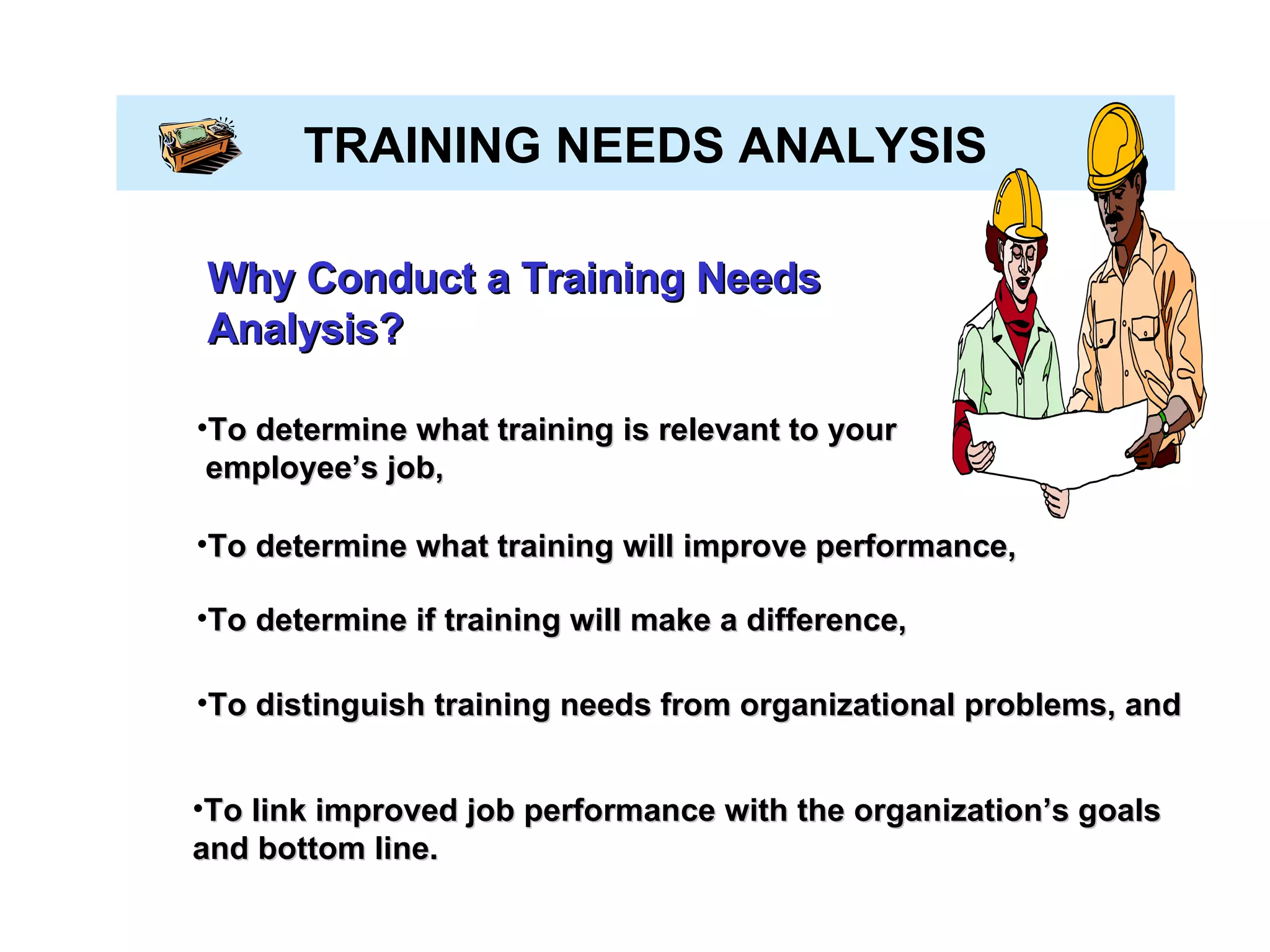 Why Conduct a Training Needs Analysis? To determine what training is relevant to your  employee’s job, To determine what training will improve performance, To determine if training will make a difference, To distinguish training needs from organizational problems, and To link improved job performance with the organization’s goals and bottom line. TRAINING NEEDS ANALYSIS 