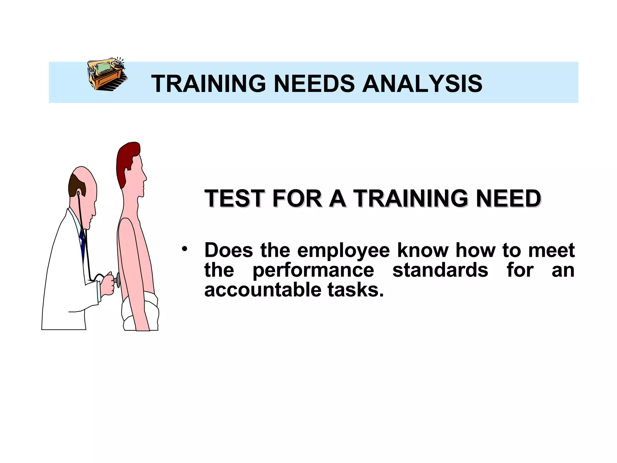 TRAINING NEEDS ANALYSIS TEST FOR A TRAINING NEED Does the employee know how to meet the performance standards for an accountable tasks. 
