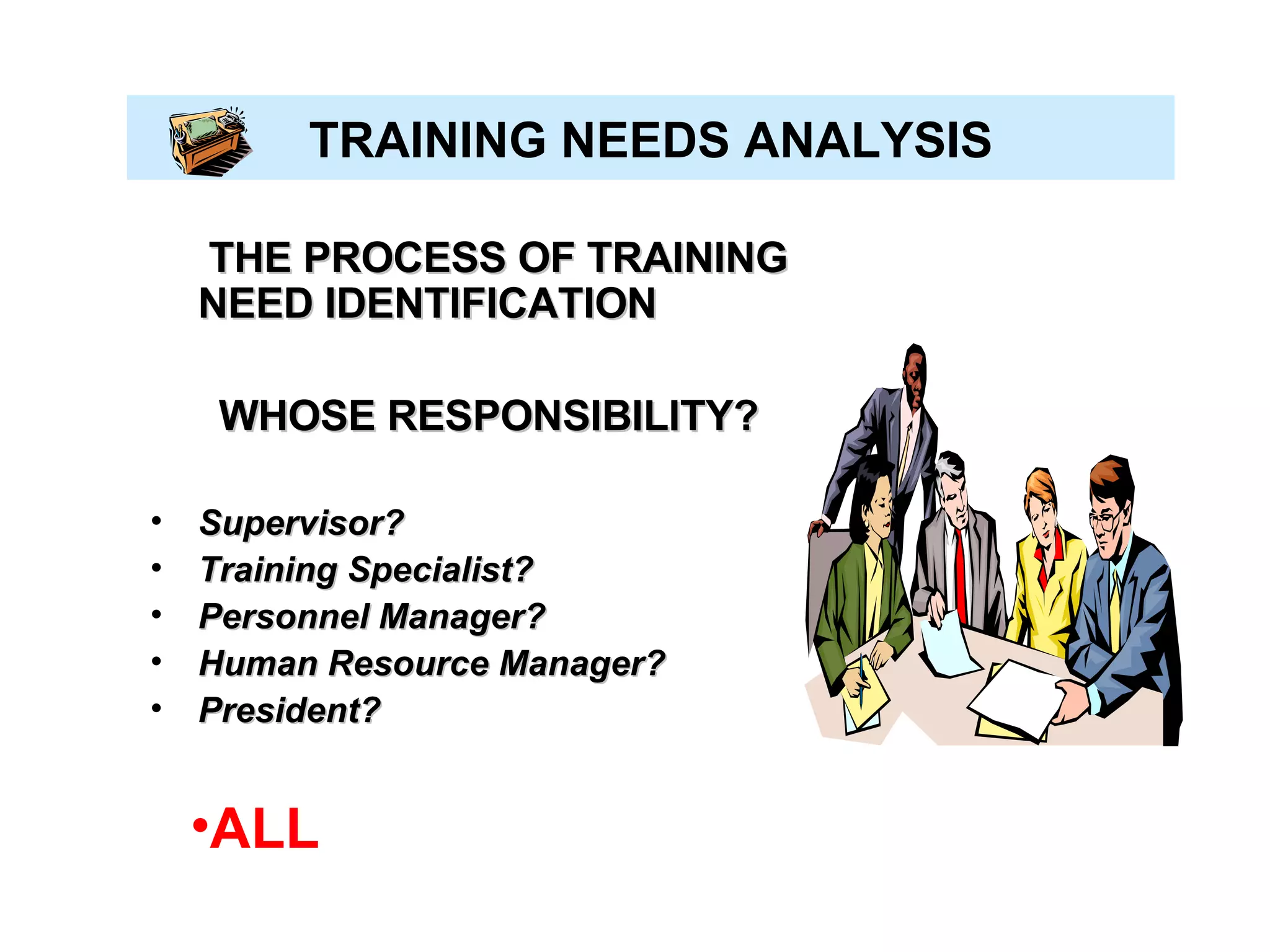 TRAINING NEEDS ANALYSIS THE PROCESS OF TRAINING NEED IDENTIFICATION WHOSE RESPONSIBILITY? Supervisor? Training Specialist? Personnel Manager? Human Resource Manager? President? ALL 