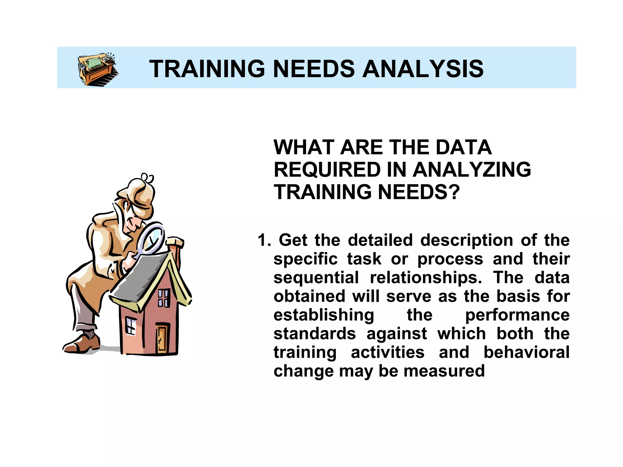 TRAINING NEEDS ANALYSIS WHAT ARE THE DATA REQUIRED IN ANALYZING TRAINING NEEDS? 1. Get the detailed description of the specific task or process and their sequential relationships. The data obtained will serve as the basis for establishing the performance standards against which both the training activities and behavioral change may be measured 