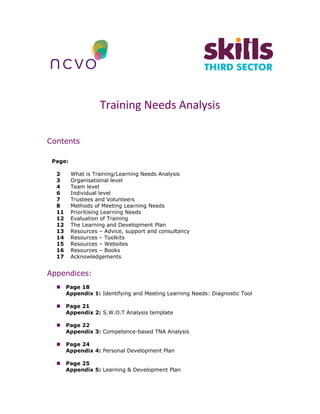 Training Needs Analysis 
Contents
Page:
2 What is Training/Learning Needs Analysis
3 Organisational level
4 Team level
6 Individual level
7 Trustees and Volunteers
8 Methods of Meeting Learning Needs
11 Prioritising Learning Needs
12 Evaluation of Training
12 The Learning and Development Plan
13 Resources – Advice, support and consultancy
14 Resources – Toolkits
15 Resources – Websites
16 Resources – Books
17 Acknowledgements
Appendices:
Page 18
Appendix 1: Identifying and Meeting Learning Needs: Diagnostic Tool
Page 21
Appendix 2: S.W.O.T Analysis template
Page 22
Appendix 3: Competence-based TNA Analysis
Page 24
Appendix 4: Personal Development Plan
Page 25
Appendix 5: Learning & Development Plan
 