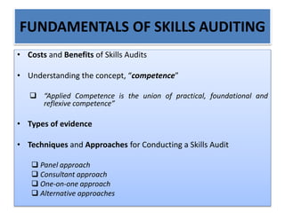 FUNDAMENTALS OF SKILLS AUDITING
• Costs and Benefits of Skills Audits
• Understanding the concept, “competence”
 “Applied Competence is the union of practical, foundational and
reflexive competence”
• Types of evidence
• Techniques and Approaches for Conducting a Skills Audit
 Panel approach
 Consultant approach
 One-on-one approach
 Alternative approaches
 