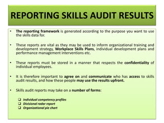 REPORTING SKILLS AUDIT RESULTS
• The reporting framework is generated according to the purpose you want to use
the skills data for.
• These reports are vital as they may be used to inform organizational training and
development strategy, Workplace Skills Plans, individual development plans and
performance management interventions etc.
• These reports must be stored in a manner that respects the confidentiality of
individual employees.
• It is therefore important to agree on and communicate who has access to skills
audit results, and how these people may use the results upfront.
• Skills audit reports may take on a number of forms:
 Individual competency profiles
 Divisional radar report
 Organizational pie chart
 