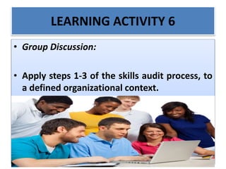 LEARNING ACTIVITY 6
• Group Discussion:
• Apply steps 1-3 of the skills audit process, to
a defined organizational context.
 