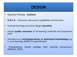 DESIGN
• Required Thinking – Architect
• O-R-C-A – Outcomes; Resources; Capabilities and Activities
• Contract learning curriculum design specialists
• Ensure quality assurance of all learning materials and assessment
tools
• Transform to a technology-driven or web-based methodology e.g.
e- or m-learning, MOOC’s or gamification
• “Organizations should redesign their learning architecture”
(Deloitte, 2015)
 