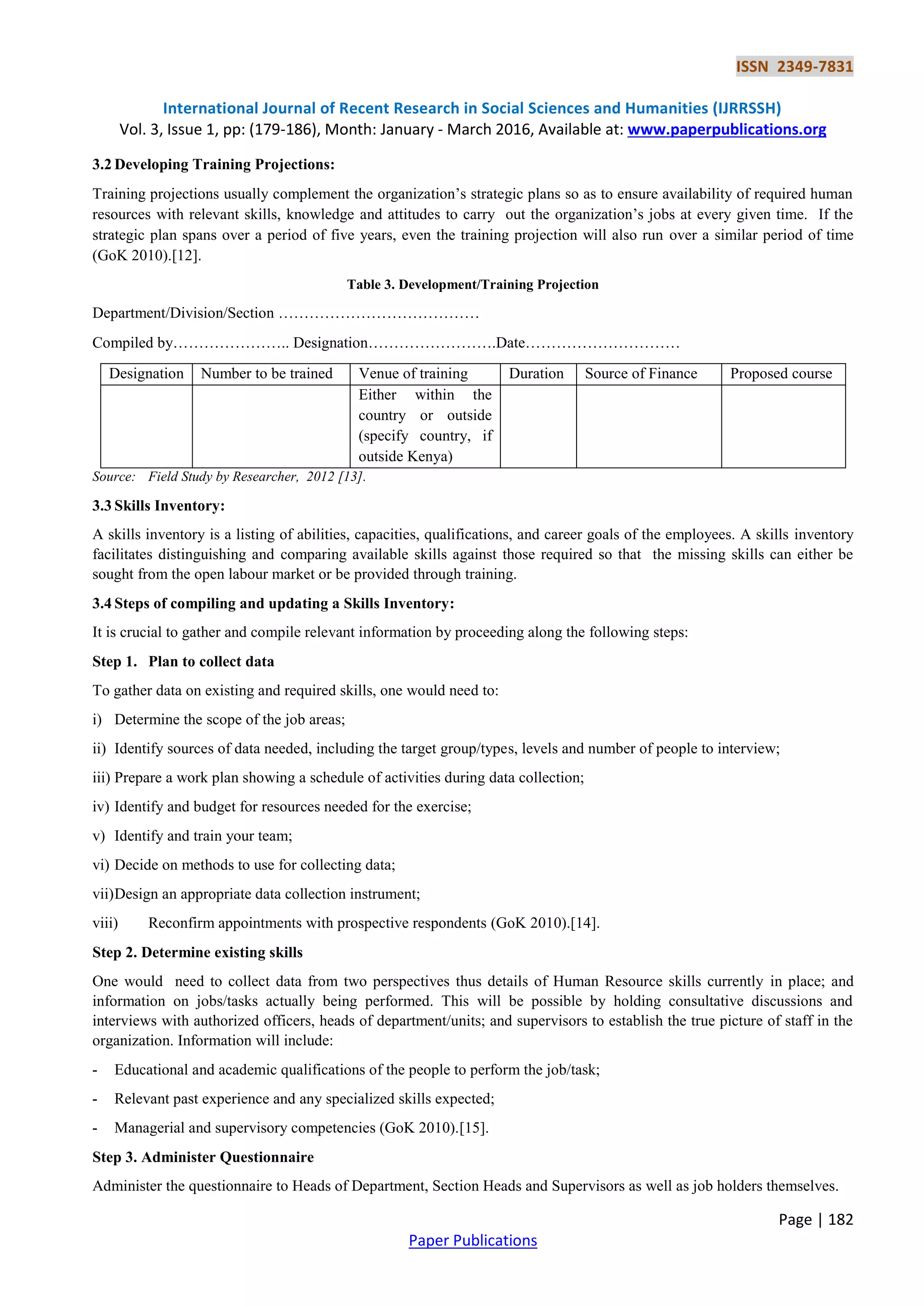 ISSN 2349-7831
International Journal of Recent Research in Social Sciences and Humanities (IJRRSSH)
Vol. 3, Issue 1, pp: (179-186), Month: January - March 2016, Available at: www.paperpublications.org
Page | 182
Paper Publications
3.2 Developing Training Projections:
Training projections usually complement the organization’s strategic plans so as to ensure availability of required human
resources with relevant skills, knowledge and attitudes to carry out the organization’s jobs at every given time. If the
strategic plan spans over a period of five years, even the training projection will also run over a similar period of time
(GoK 2010).[12].
Table 3. Development/Training Projection
Department/Division/Section …………………………………
Compiled by………………….. Designation…………………….Date…………………………
Designation Number to be trained Venue of training Duration Source of Finance Proposed course
Either within the
country or outside
(specify country, if
outside Kenya)
Source: Field Study by Researcher, 2012 [13].
3.3 Skills Inventory:
A skills inventory is a listing of abilities, capacities, qualifications, and career goals of the employees. A skills inventory
facilitates distinguishing and comparing available skills against those required so that the missing skills can either be
sought from the open labour market or be provided through training.
3.4 Steps of compiling and updating a Skills Inventory:
It is crucial to gather and compile relevant information by proceeding along the following steps:
Step 1. Plan to collect data
To gather data on existing and required skills, one would need to:
i) Determine the scope of the job areas;
ii) Identify sources of data needed, including the target group/types, levels and number of people to interview;
iii) Prepare a work plan showing a schedule of activities during data collection;
iv) Identify and budget for resources needed for the exercise;
v) Identify and train your team;
vi) Decide on methods to use for collecting data;
vii)Design an appropriate data collection instrument;
viii) Reconfirm appointments with prospective respondents (GoK 2010).[14].
Step 2. Determine existing skills
One would need to collect data from two perspectives thus details of Human Resource skills currently in place; and
information on jobs/tasks actually being performed. This will be possible by holding consultative discussions and
interviews with authorized officers, heads of department/units; and supervisors to establish the true picture of staff in the
organization. Information will include:
- Educational and academic qualifications of the people to perform the job/task;
- Relevant past experience and any specialized skills expected;
- Managerial and supervisory competencies (GoK 2010).[15].
Step 3. Administer Questionnaire
Administer the questionnaire to Heads of Department, Section Heads and Supervisors as well as job holders themselves.
 
