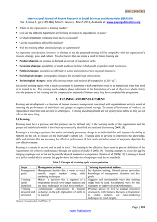 ISSN 2349-7831
International Journal of Recent Research in Social Sciences and Humanities (IJRRSSH)
Vol. 3, Issue 1, pp: (179-186), Month: January - March 2016, Available at: www.paperpublications.org
Page | 181
Paper Publications
 Where in the organization is training needed?
 How are the different departments performing in relation to expectations or goals?
 In which department is training most likely to succeed?
 Can the organization afford this training?
 Will this training affect untrained people or departments?
An important consideration, however, is whether or not the proposed training will be compatible with the organization’s
mission, strategy, goals and culture. Possible factors that can create a need for future training are:
 Product changes: an increase in demand as a result of population shifts;
 Economic changes: availability of credit and loan facilities which could jeopardize small businesses;
 Political changes: examples are affirmative action and creation of new regional structures;
 Sociological changes: demographic changes, for example high urbanization;
 Technological changes: more efficient machinery and methods (Swanepoel et al 2001).[7].
Successful training begins with a needs assessment to determine which employees need to be trained and what they need
to be trained to do. The training needs analysis phase culminates in the formulation of a set of objectives which clearly
state the purpose of the training and the competencies required of trainees once they have completed the programme.
3. TRAINING AND DEVELOPMENT
Training and development is a function of human resource management concerned with organizational activity aimed at
bettering the performance of individuals and groups in organizational settings. To ensure effectiveness of workers, an
organization must train and develop its employees. Training and development are not synonymous terms as they do not
refer to the same thing.
3.1 Training:
Training must have a purpose and that purpose can be defined only if the learning needs of the organization and the
groups and individuals within it have been systematically identified and analysed (Armstrong 2008).[8]
Training is a learning experience that seeks a relatively permanent change in an individual that will improve the ability to
perform on the job. It focuses on the individual’s current job. Training aims to develop in employees the knowledge,
skills and attitudes that are necessary for effective performance of their work and achievement of corporate objectives by
cost effective means.
Training is a means to an end and an end in itself. For training to be effective, there must be precise definition of the
requirements for effective performance through job analysis (Muchel’l 2006).[9]. Training attempts to close the gap by
bringing employees up to but not beyond the desired standard or competence (Bratton et al 2003).[10]. Learning is based
on a deficit model which assesses the gap between the behavior of employees and the set standards.
Table 2. Example of a training cycle in an organization
Steps Management actions Training department actions
Management
goals
Management decides that it wants to reach
specific target markets using radio
marketing techniques
No decision making. Should pursue up-to-date
knowledge of management direction and key
goals.
Training
needs
identified
Makes a decision that a segment of a
programme should cover target markets and
use radio techniques to reach those markets
Suggests and recommends ways that training
might best be used. Recommend ways for line
managers to support desired performance.
Training
designed and
delivered
Communicate expectations to trainees
including on-the-job application of skills to
be learned
Provides advice on how to conduct precourse
discussions with trainees. Designs a programme
to enable students use radio-marketing
techniques to reach targets.
(Source: Swanepoel et al 2001).[11].
 