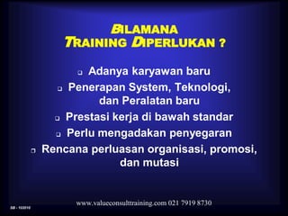 SB - 102010
www.valueconsulttraining.com 021 7919 8730
 Adanya karyawan baru
 Penerapan System, Teknologi,
dan Peralatan baru
 Prestasi kerja di bawah standar
 Perlu mengadakan penyegaran
 Rencana perluasan organisasi, promosi,
dan mutasi
BILAMANA
TRAINING DIPERLUKAN ?
 