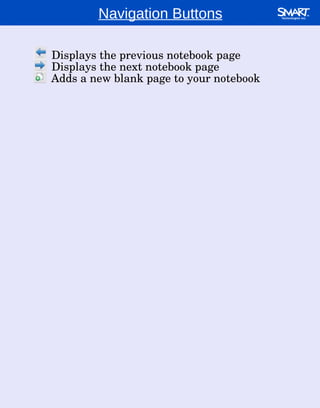 Navigation Buttons Displays the previous notebook page Displays the next notebook page Adds a new blank page to your notebook 