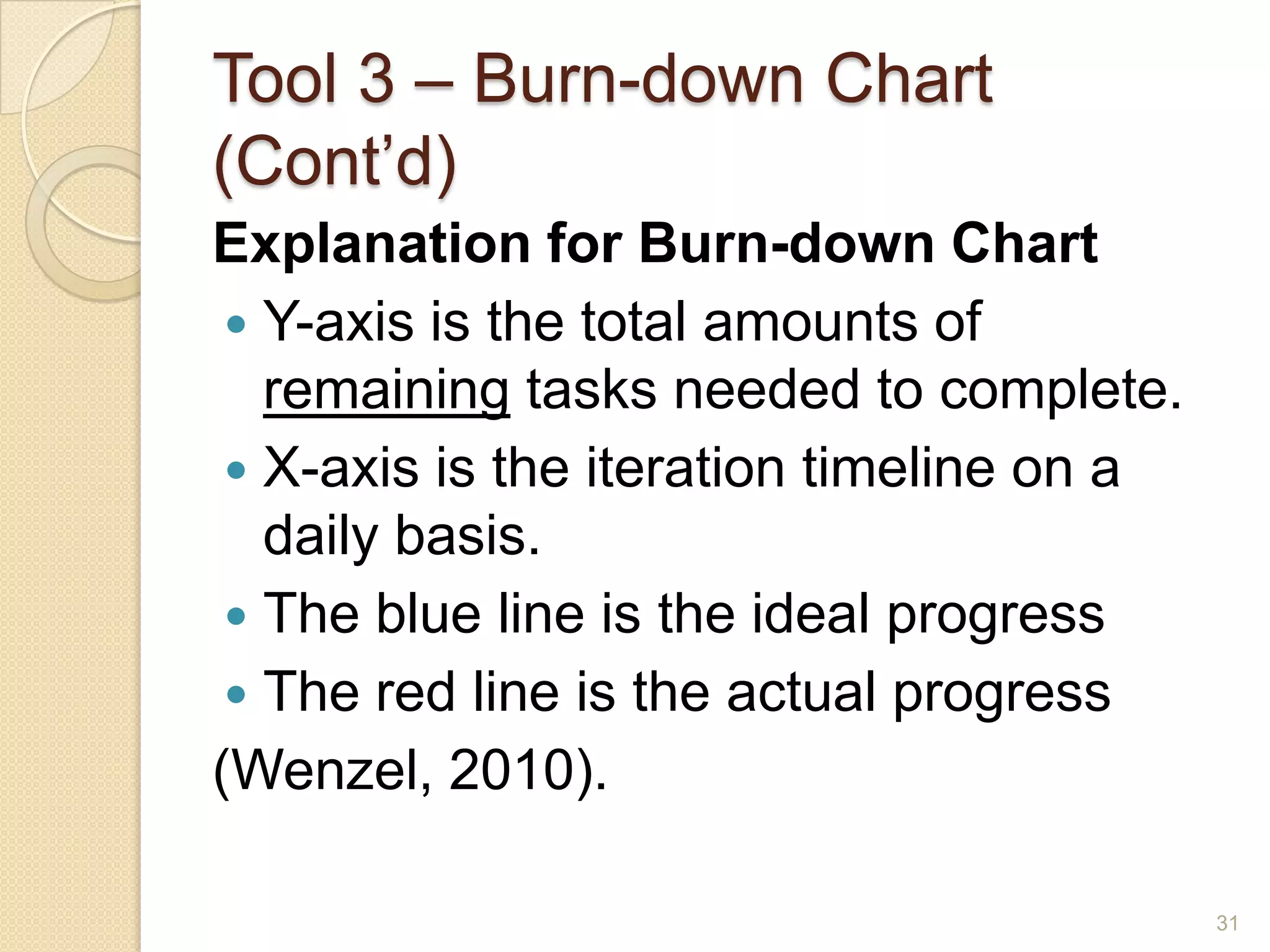 Tool 3 – Burn-down Chart
(Cont’d)
Explanation for Burn-down Chart
  Y-axis is the total amounts of
   remaining tasks needed to complete.
  X-axis is the iteration timeline on a
   daily basis.
  The blue line is the ideal progress
  The red line is the actual progress
(Wenzel, 2010).

                                           31
 