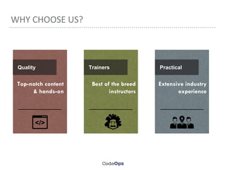 WHY CHOOSE US?
Best of the breed
instructors
Top-notch content
& hands-on
Extensive industry
experience
Quality Trainers Practical
 