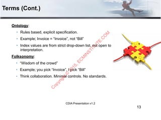 CDIA Presentation v1.2
Terms (Cont.)
Ontology:
• Rules based, explicit specification.
• Example; Invoice = “Invoice”, not “Bill”
• Index values are from strict drop-down list, not open to
interpretation.
Folksonomy:
• “Wisdom of the crowd”
• Example; you pick “Invoice”, I pick “Bill”
• Think collaboration. Minimal controls. No standards.
13
C
opyright©
2015,EC
M
IN
STITU
TE.C
O
M
 