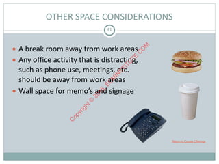 OTHER	SPACE	CONSIDERATIONS
● A	break	room	away	from	work	areas	
● Any	office	activity	that	is	distracting,	
such	as	phone	use,	meetings,	etc.	
should	be	away	from	work	areas	
● Wall	space	for	memo’s	and	signage
41
Return to Course Offerings
C
opyright©
2015,EC
M
IN
STITU
TE.C
O
M
 