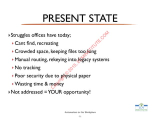 ‣Struggles ofﬁces have today;
‣ Cant ﬁnd, recreating
‣ Crowded space, keeping ﬁles too long
‣ Manual routing, rekeying into legacy systems
‣ No tracking
‣ Poor security due to physical paper
‣ Wasting time & money
‣Not addressed =YOUR opportunity!
46
PRESENT STATE
Automation in the Workplace
C
opyright©
2015,EC
M
IN
STITU
TE.C
O
M
 