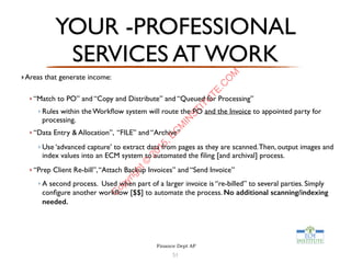 YOUR -PROFESSIONAL
SERVICES AT WORK
‣Areas that generate income:
‣ “Match to PO” and “Copy and Distribute” and “Queued for Processing”
‣ Rules within the Workﬂow system will route the PO and the Invoice to appointed party for
processing.
‣ “Data Entry & Allocation”, “FILE” and “Archive”
‣ Use ‘advanced capture’ to extract data from pages as they are scanned.Then, output images and
index values into an ECM system to automated the ﬁling [and archival] process.
‣ “Prep Client Re-bill”,“Attach Backup Invoices” and “Send Invoice”
‣ A second process. Used when part of a larger invoice is “re-billed” to several parties. Simply
conﬁgure another workﬂow [$$] to automate the process. No additional scanning/indexing
needed.
51
Finance Dept AP
C
opyright©
2015,EC
M
IN
STITU
TE.C
O
M
 