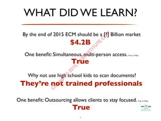 One beneﬁt: Outsourcing allows clients to stay focused. True or False
Why not use high school kids to scan documents? 
By the end of 2015 ECM should be a [?] Billion market 
One beneﬁt: Simultaneous, multi-person access. True or False 
WHAT DID WE LEARN?
$4.2B
True
They’re not trained professionals
True
6
C
opyright©
2015,EC
M
IN
STITU
TE.C
O
M
 