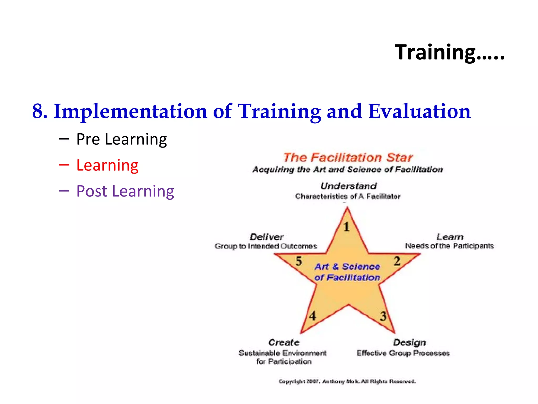 Training…..
8. Implementation of Training and Evaluation
– Pre Learning
– Learning
– Post Learning
 